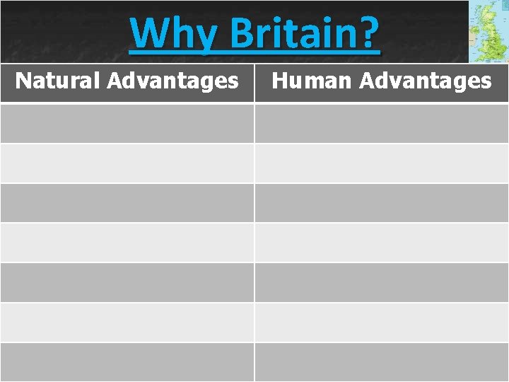 Why Britain? Natural Advantages Human Advantages Why Britain? Natural Advantages Human Advantages