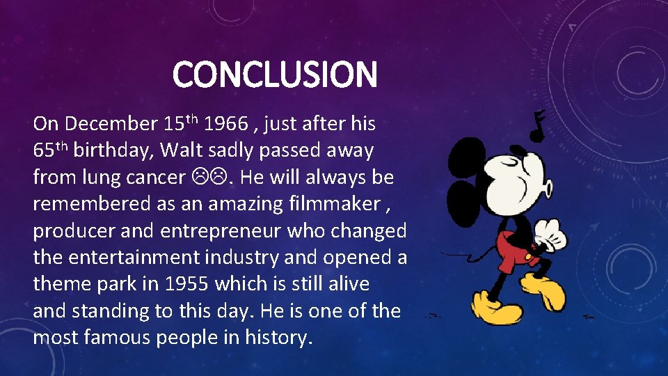 CONCLUSION On December 15 th 1966 , just after his 65 th birthday, Walt