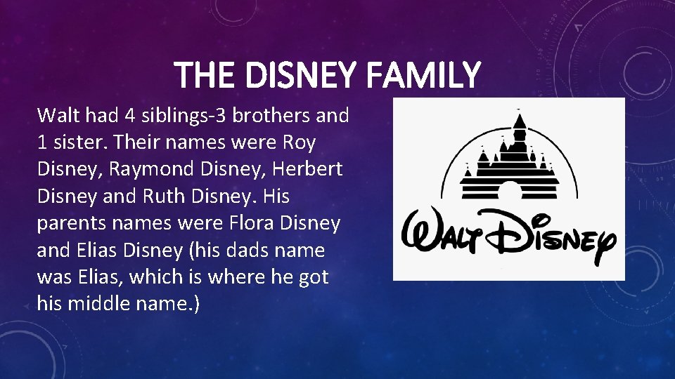 THE DISNEY FAMILY Walt had 4 siblings-3 brothers and 1 sister. Their names were