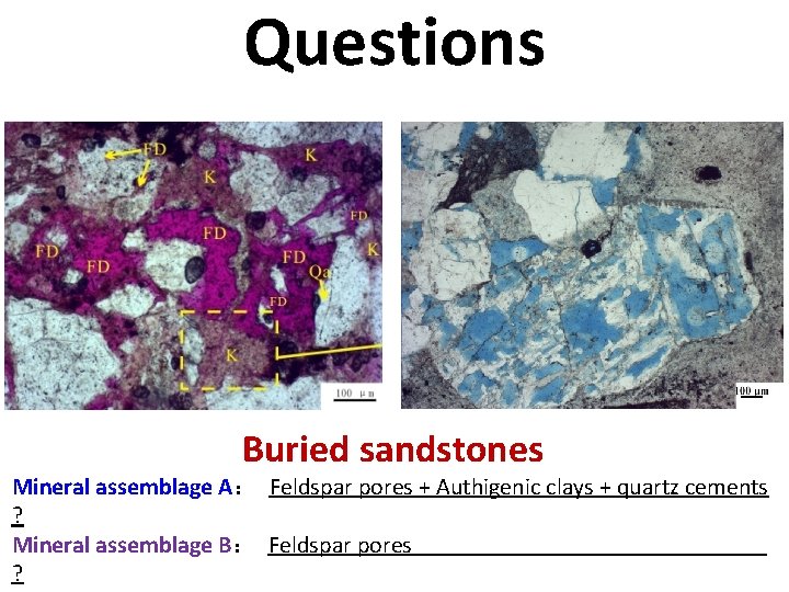 Questions Buried sandstones Mineral assemblage A： Feldspar pores + Authigenic clays + quartz cements