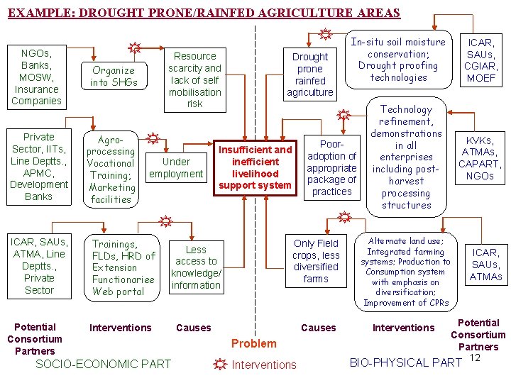 EXAMPLE: DROUGHT PRONE/RAINFED AGRICULTURE AREAS NGOs, Banks, MOSW, Insurance Companies Organize into SHGs Private