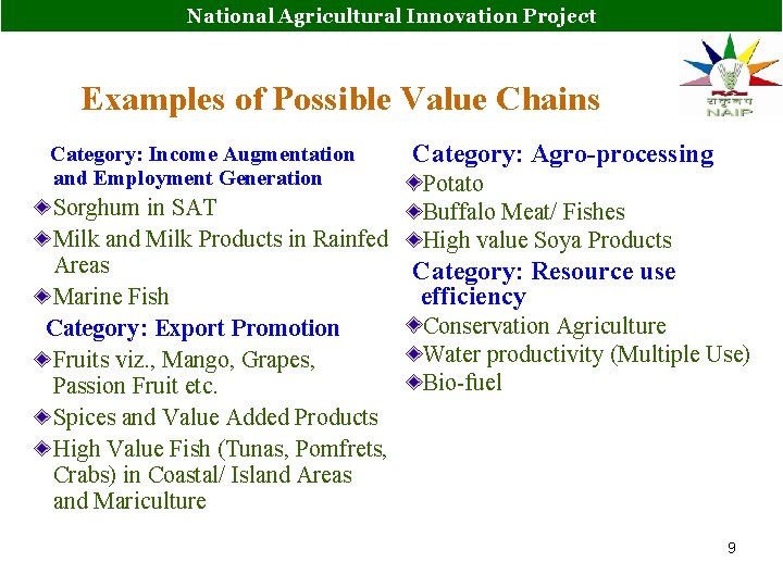 National Agricultural Innovation Project Examples of Possible Value Chains Category: Income Augmentation and Employment