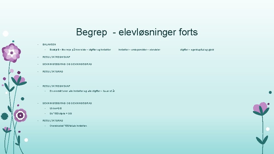 Begrep - elevløsninger forts • BALANSEN • Budsjett – like mye på hver side