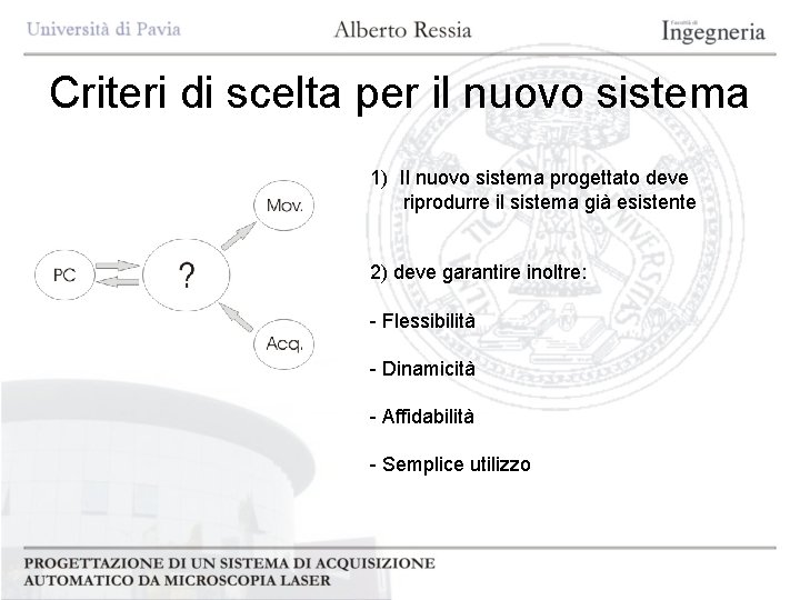 Criteri di scelta per il nuovo sistema 1) Il nuovo sistema progettato deve riprodurre