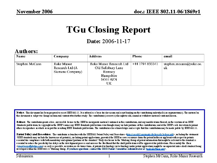 November 2006 doc. : IEEE 802. 11 -06/1869 r 1 TGu Closing Report Date: