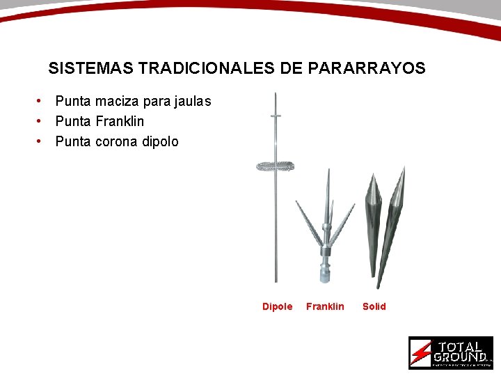 SISTEMAS TRADICIONALES DE PARARRAYOS • Punta maciza para jaulas • Punta Franklin • Punta