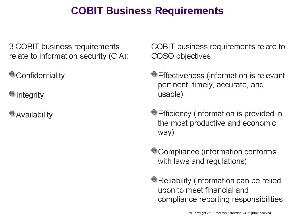 COBIT Business Requirements 3 COBIT business requirements relate to information security (CIA): Confidentiality Integrity