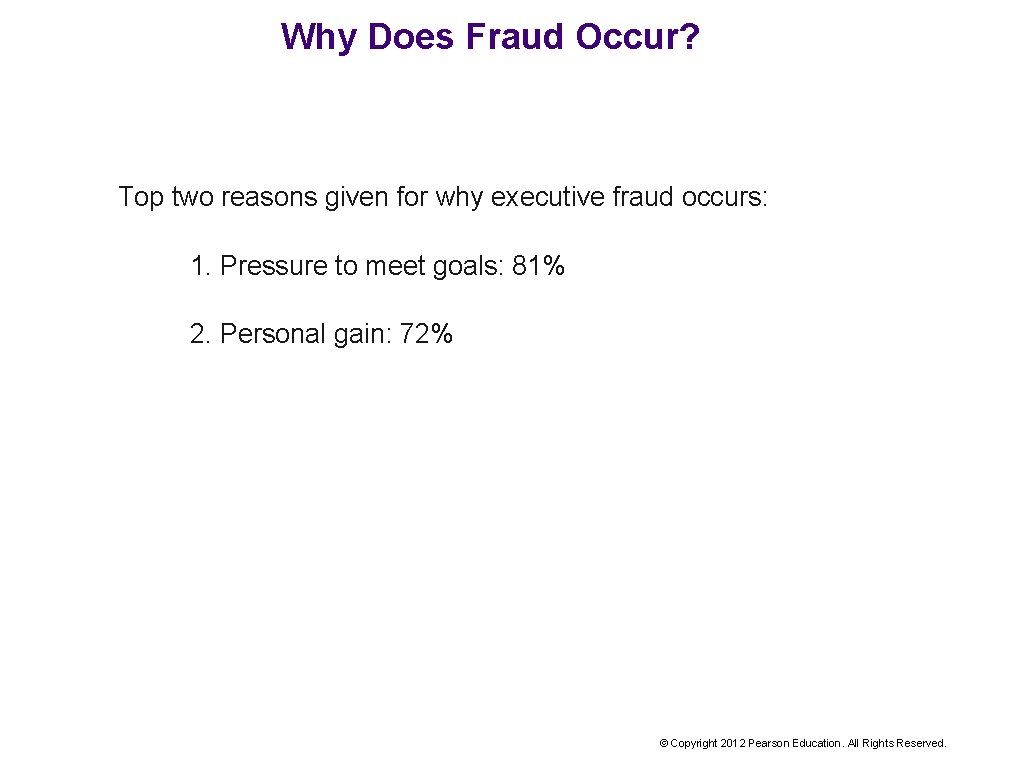 Why Does Fraud Occur? Top two reasons given for why executive fraud occurs: 1.