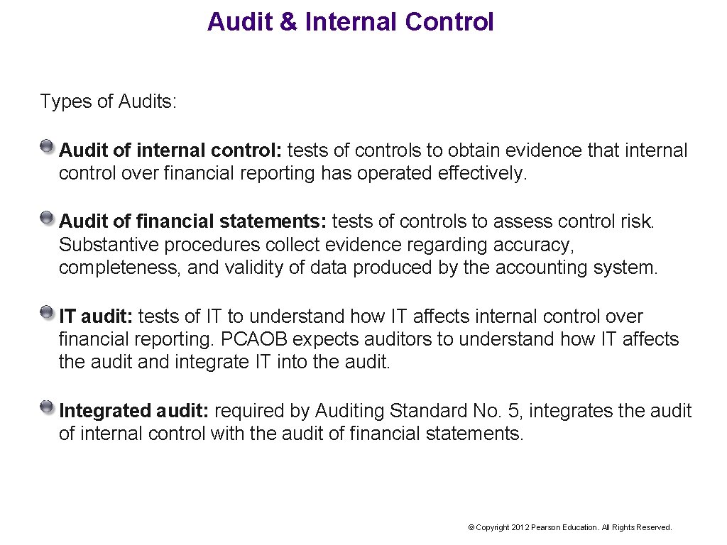 Audit & Internal Control Types of Audits: Audit of internal control: tests of controls