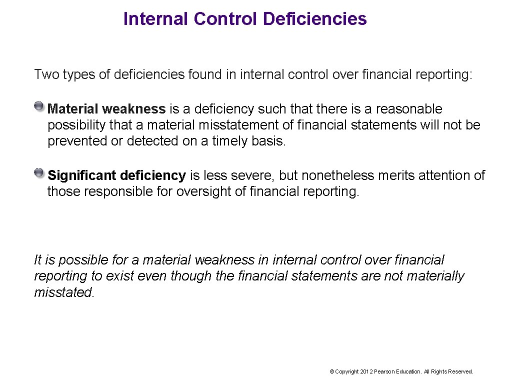 Internal Control Deficiencies Two types of deficiencies found in internal control over financial reporting: