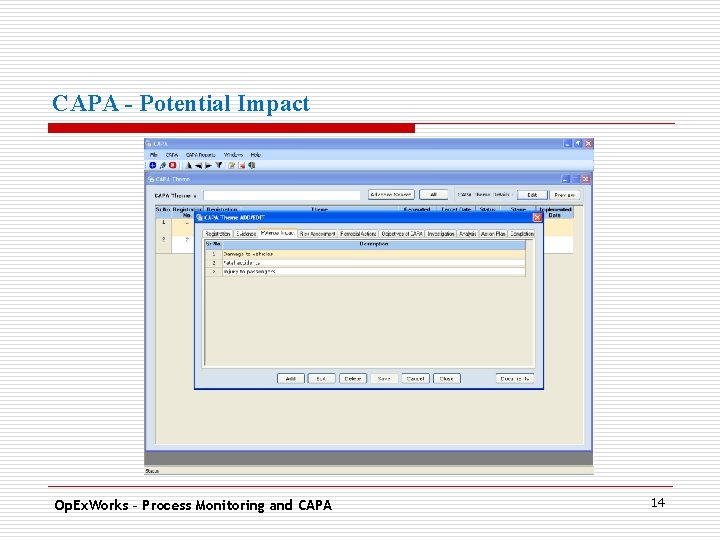 CAPA - Potential Impact. Op. Ex. Works – Process Monitoring and CAPA 14 