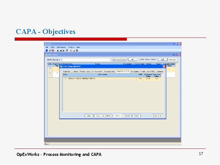 CAPA - Objectives. Op. Ex. Works – Process Monitoring and CAPA 17 