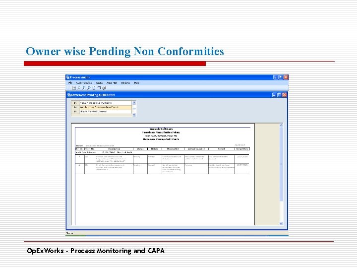 Owner wise Pending Non Conformities Op. Ex. Works – Process Monitoring and CAPA 