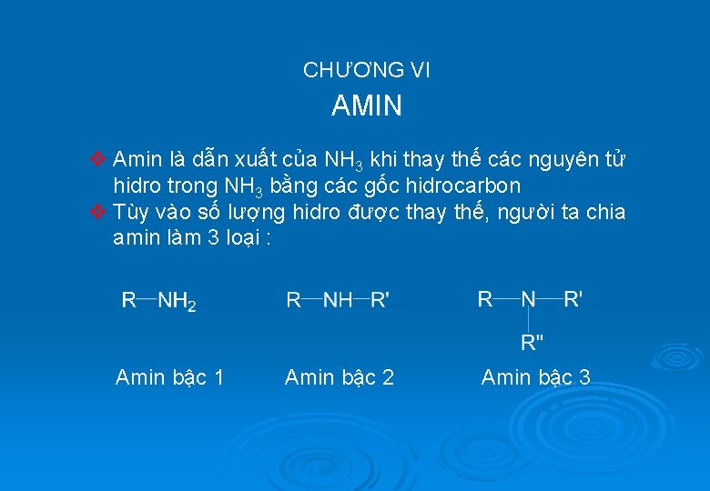 CHƯƠNG VI AMIN v Amin là dẫn xuất của NH 3 khi thay thế