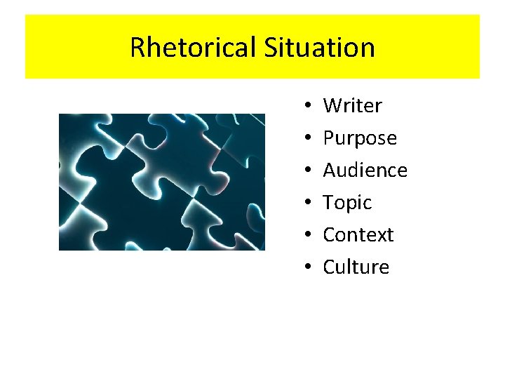 Rhetorical Situation • • • Writer Purpose Audience Topic Context Culture 