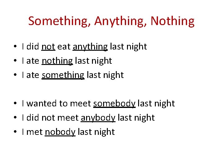 Something, Anything, Nothing • I did not eat anything last night • I ate