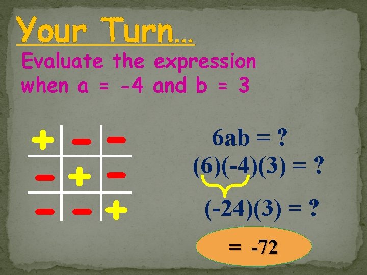Your Turn… Evaluate the expression when a = -4 and b = 3 + Your Turn… Evaluate the expression when a = -4 and b = 3 +