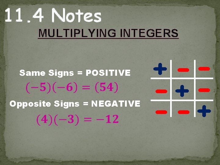 11. 4 Notes MULTIPLYING INTEGERS Same Signs = POSITIVE Opposite Signs = NEGATIVE + 11. 4 Notes MULTIPLYING INTEGERS Same Signs = POSITIVE Opposite Signs = NEGATIVE +