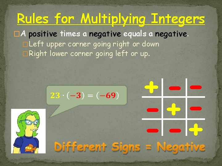 Rules for Multiplying Integers �A positive times a negative equals a negative. � Left Rules for Multiplying Integers �A positive times a negative equals a negative. � Left