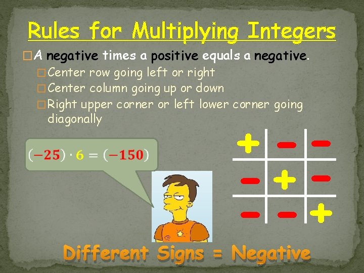 Rules for Multiplying Integers �A negative times a positive equals a negative. � Center Rules for Multiplying Integers �A negative times a positive equals a negative. � Center