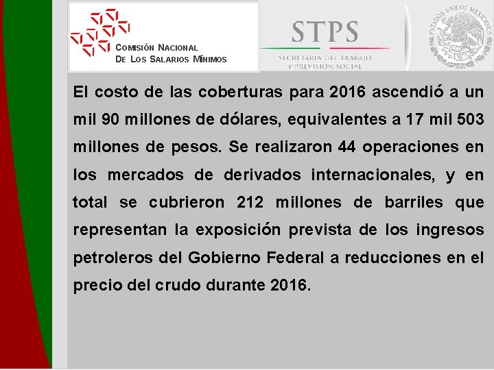 COMISIÓN NACIONAL DE LOS SALARIOS MÍNIMOS El costo de las coberturas para 2016 ascendió