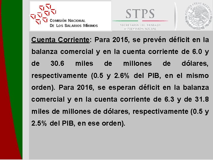 COMISIÓN NACIONAL DE LOS SALARIOS MÍNIMOS Cuenta Corriente: Para 2015, se prevén déficit en