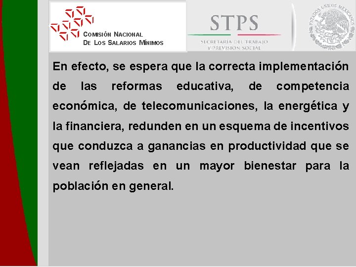 COMISIÓN NACIONAL DE LOS SALARIOS MÍNIMOS En efecto, se espera que la correcta implementación