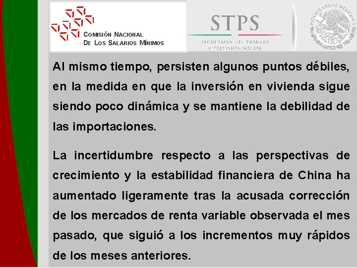 COMISIÓN NACIONAL DE LOS SALARIOS MÍNIMOS Al mismo tiempo, persisten algunos puntos débiles, en