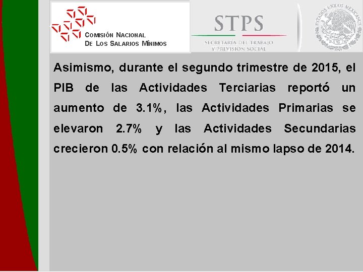 COMISIÓN NACIONAL DE LOS SALARIOS MÍNIMOS Asimismo, durante el segundo trimestre de 2015, el