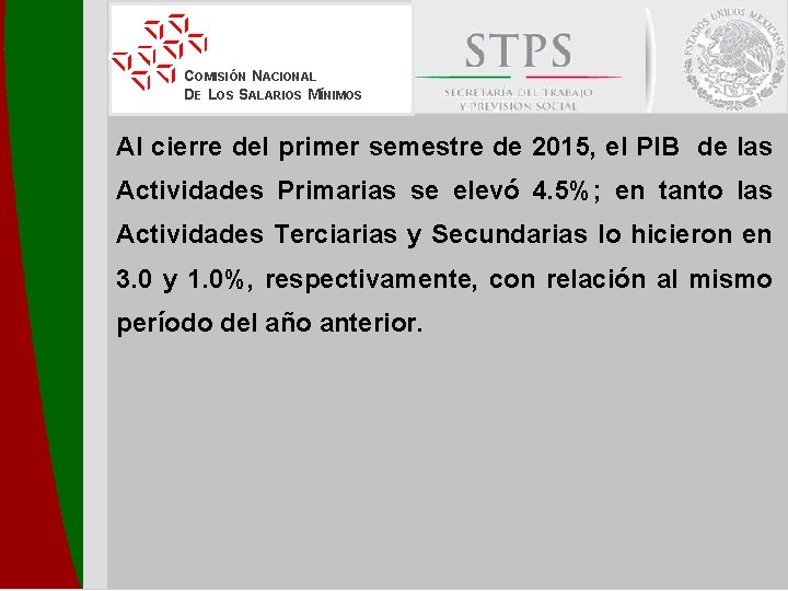 COMISIÓN NACIONAL DE LOS SALARIOS MÍNIMOS Al cierre del primer semestre de 2015, el