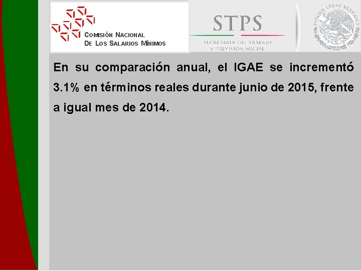 COMISIÓN NACIONAL DE LOS SALARIOS MÍNIMOS En su comparación anual, el IGAE se incrementó