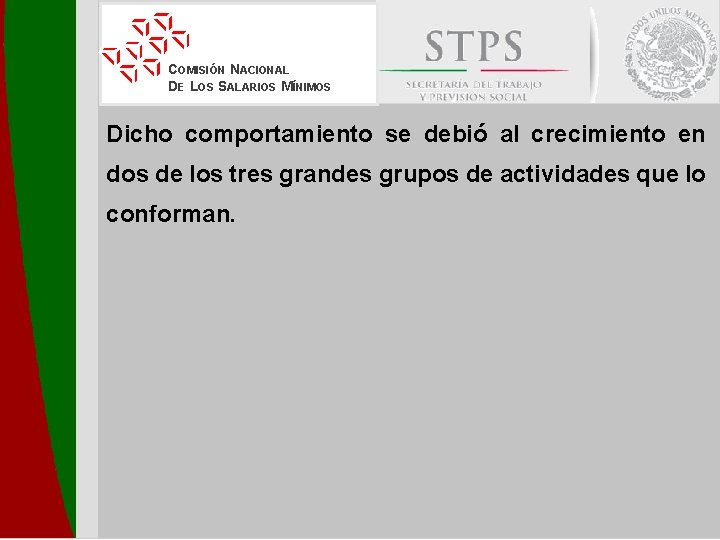 COMISIÓN NACIONAL DE LOS SALARIOS MÍNIMOS Dicho comportamiento se debió al crecimiento en dos