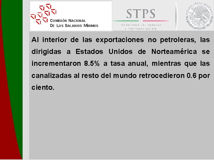 COMISIÓN NACIONAL DE LOS SALARIOS MÍNIMOS Al interior de las exportaciones no petroleras, las