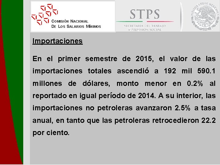 COMISIÓN NACIONAL DE LOS SALARIOS MÍNIMOS Importaciones En el primer semestre de 2015, el