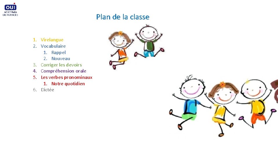 Plan de la classe 1. Virelangue 2. Vocabulaire 1. Rappel 2. Nouveau 3. Corriger