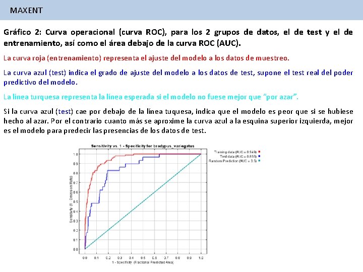 MAXENT Gráfico 2: Curva operacional (curva ROC), para los 2 grupos de datos, el