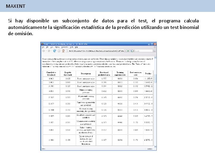 MAXENT Si hay disponible un subconjunto de datos para el test, el programa calcula