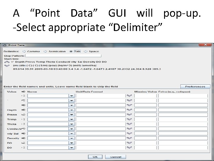 A “Point Data” GUI will pop-up. -Select appropriate “Delimiter” 