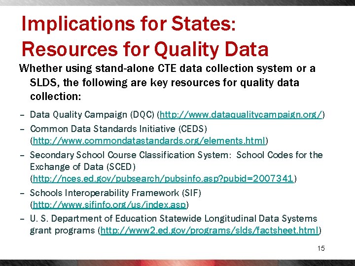 Implications for States: Resources for Quality Data Whether using stand-alone CTE data collection system