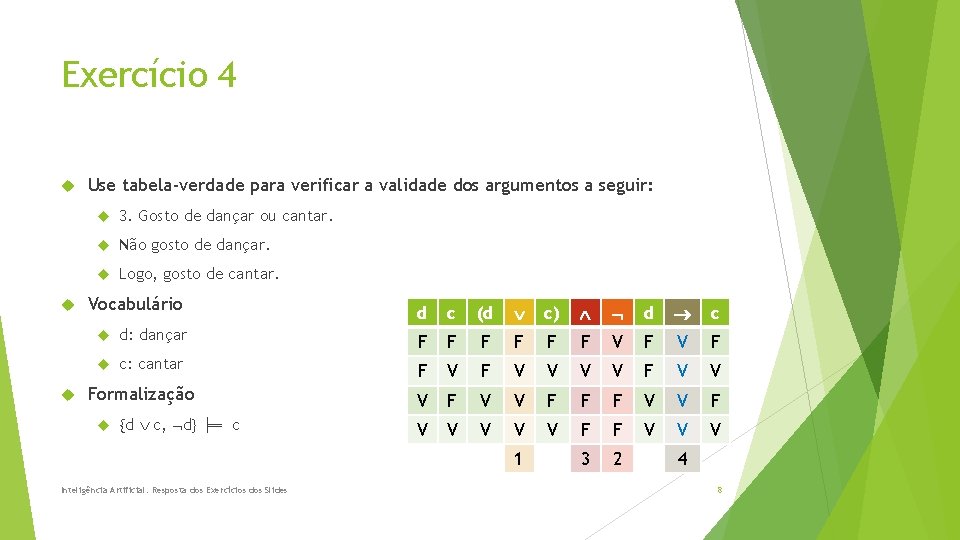 Exercício 4 Use tabela-verdade para verificar a validade dos argumentos a seguir: 3. Gosto