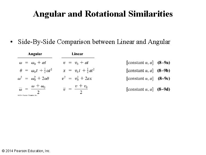 Angular and Rotational Similarities • Side-By-Side Comparison between Linear and Angular © 2014 Pearson