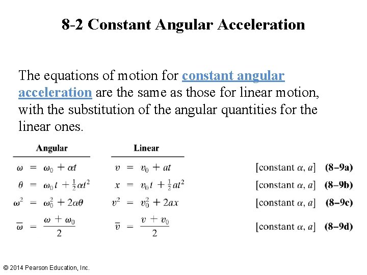 8 -2 Constant Angular Acceleration The equations of motion for constant angular acceleration are
