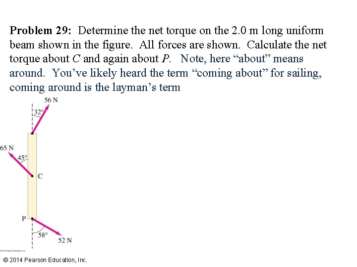 Problem 29: Determine the net torque on the 2. 0 m long uniform beam