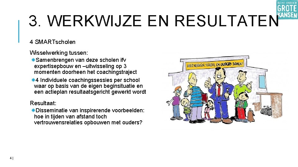 3. WERKWIJZE EN RESULTATEN 4 SMARTscholen Wisselwerking tussen: Samenbrengen van deze scholen ifv expertisepbouw