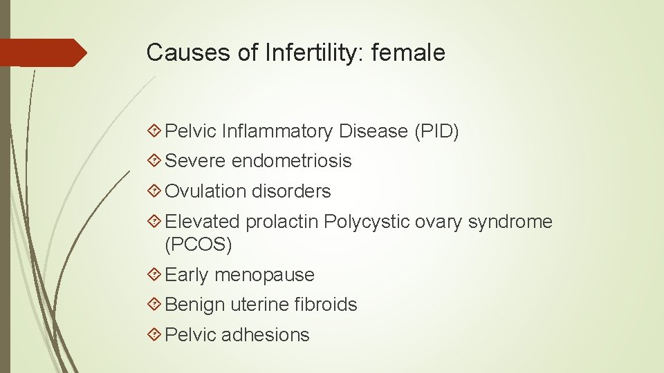 Causes of Infertility: female Pelvic Inflammatory Disease (PID) Severe endometriosis Ovulation disorders Elevated prolactin