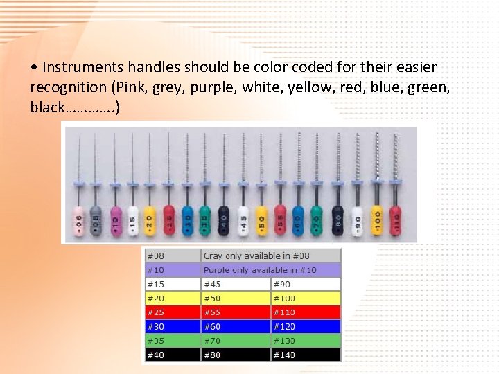  • Instruments handles should be color coded for their easier recognition (Pink, grey,