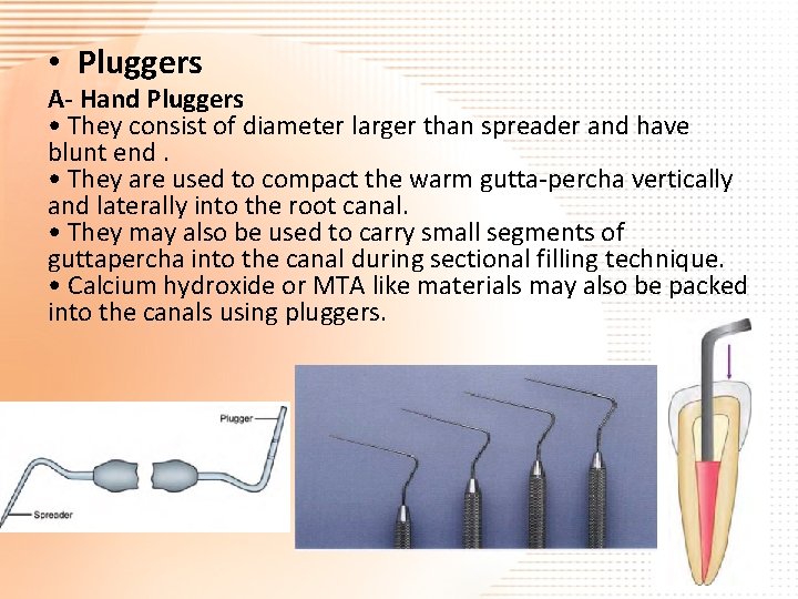  • Pluggers A- Hand Pluggers • They consist of diameter larger than spreader