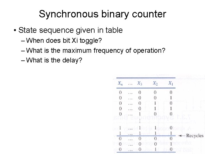 Synchronous binary counter • State sequence given in table – When does bit Xi Synchronous binary counter • State sequence given in table – When does bit Xi
