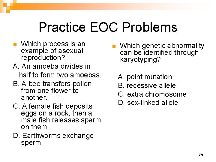 Practice EOC Problems Which process is an example of asexual reproduction? A. An amoeba