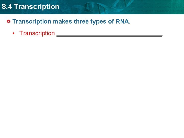 8. 4 Transcription makes three types of RNA. • Transcription ________________. 